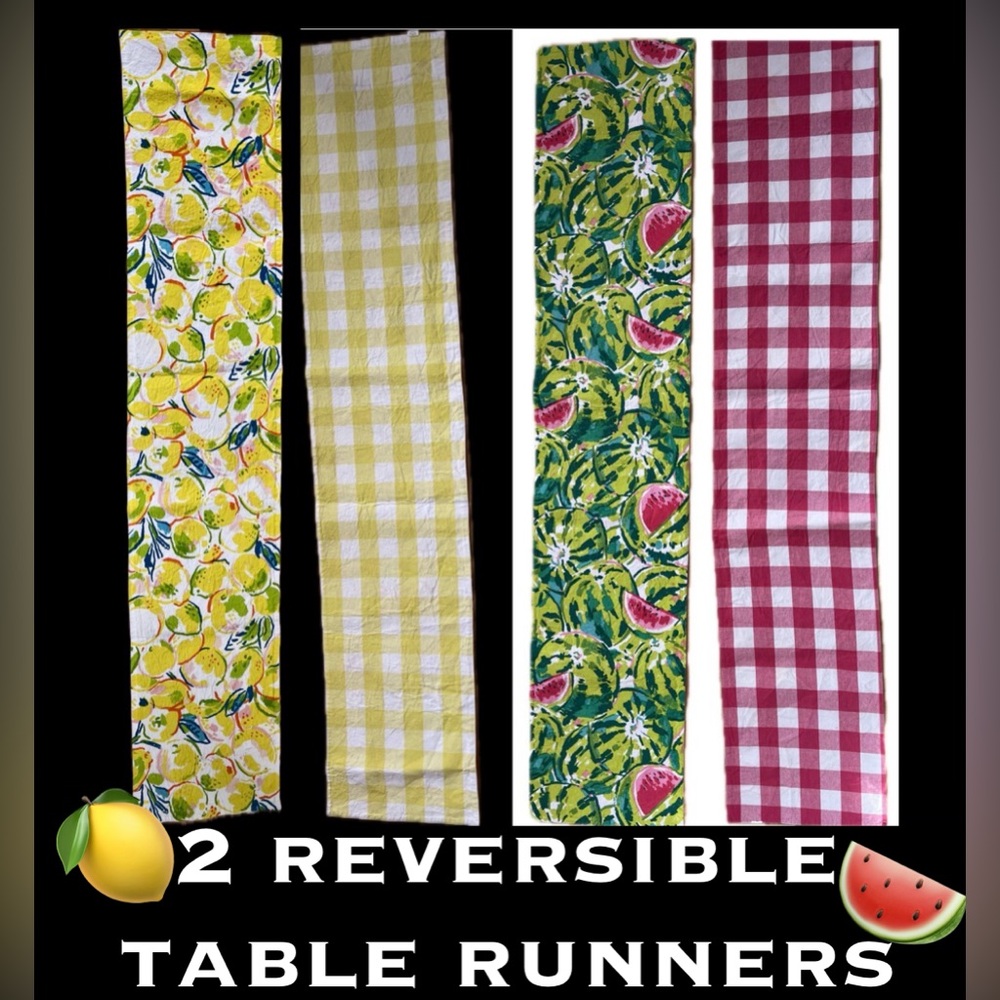🍉🍋Set Reversible Bright Fruit-Print TAG Table Runners Watermelon Lemon Patterns